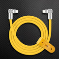 Yellow dual right-angle USB-C to USB-C cable with leather organizer strap