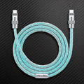 Silver Type-C braided neon charging cable neatly coiled on carbon fiber texture.